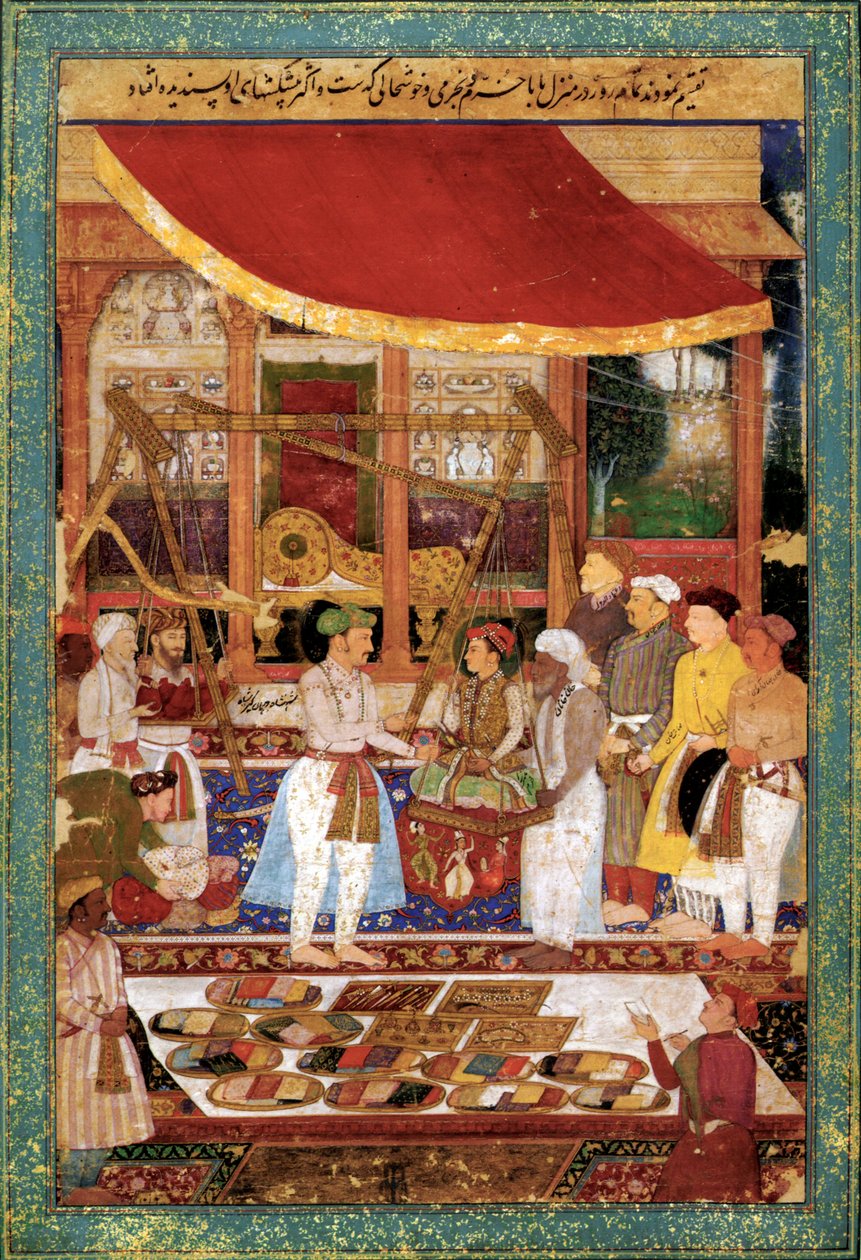 Cesarz Dżahangir waży księcia Khurrama w złocie, ok. 1610-1615 (miniatura) autorstwa Manohar Manohar