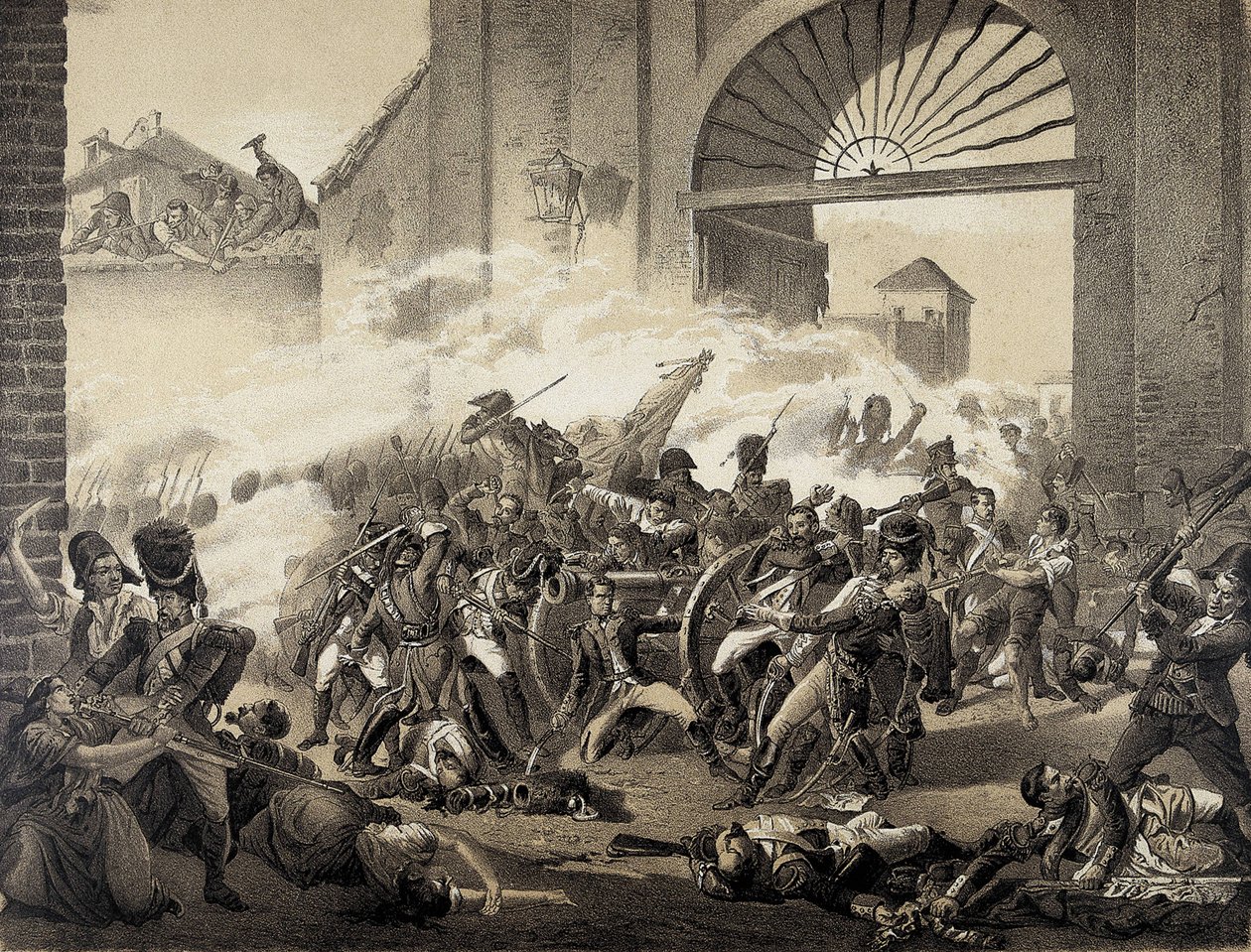 Espana. Guerra de Independecia (1808). Drugi maja w Madrycie. Śmierć Luisa Daoiza broniącego parku Monteleon. Rycina według obrazu Manuela Castellano. Litografia. autorstwa Manuel (after) Castellano