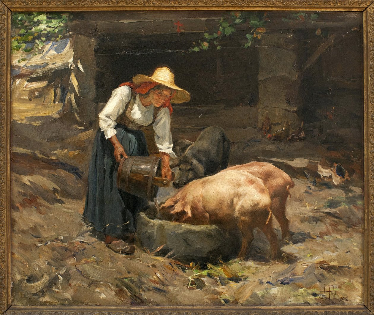Posiłek świń; Obraz Manuel Henrique Pinto (1853-1912), olej na drewnie autorstwa Manuel Henrique Pinto