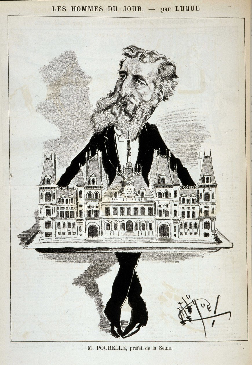 Karykatura M. Poubelle, prefekta Sekwany, niosąca ratusz Paryża na płaskowyżu - Dess. Luque, w „La Caricature” z 13.08.1887 ¿ autorstwa Manuel Luque