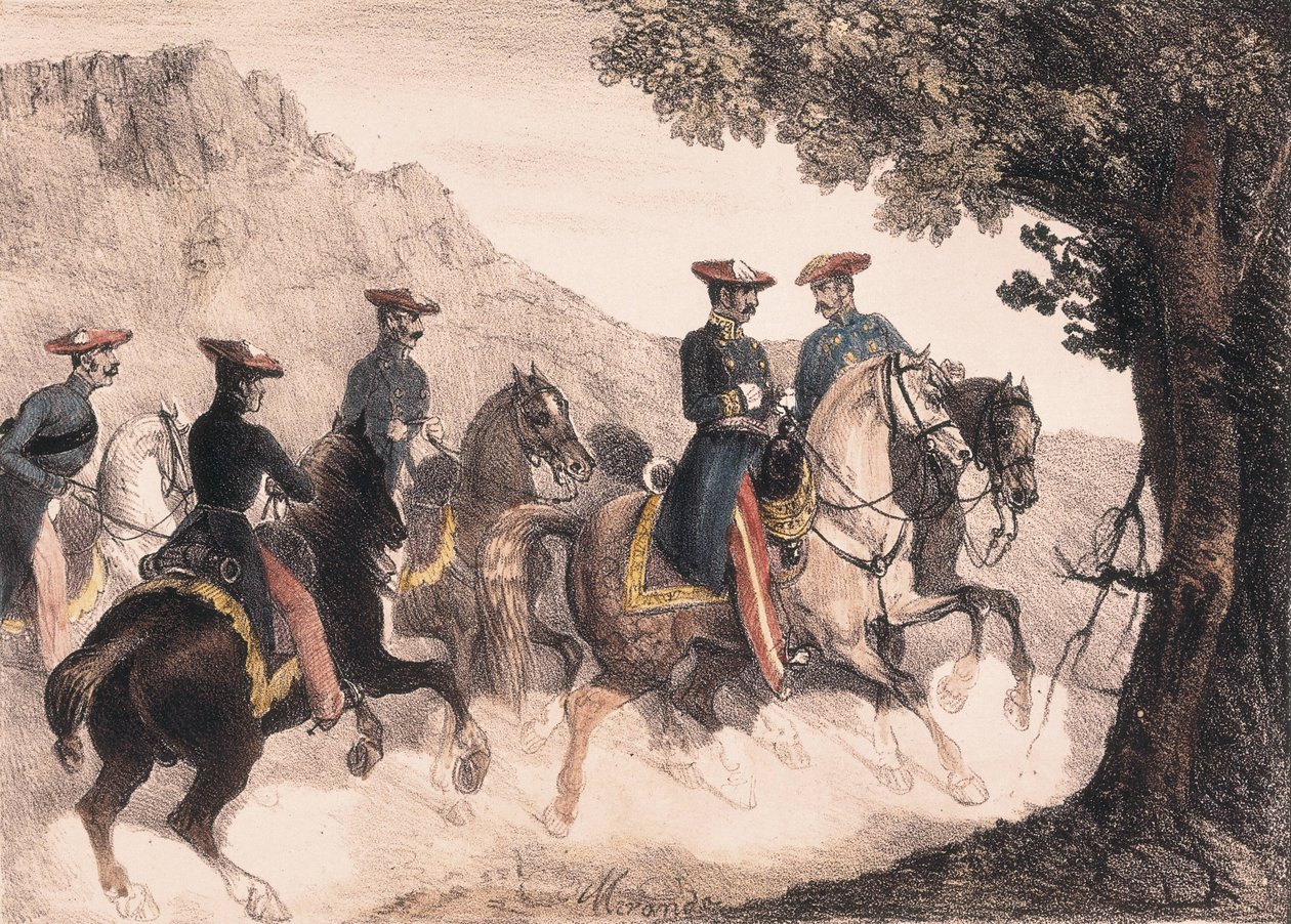 Pierwsza wojna karlistów, Bruno de Villarreal i jego sztab (kolorowa litografia) autorstwa Manuel Miranda