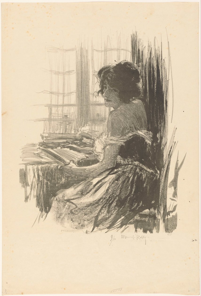 Kobieta czytająca za stołem przed oknem autorstwa Manuel Robbe (signed by artist)