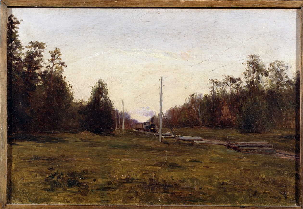Krajobraz z pociągiem. Obraz Manuila Christoforovicha Aladzhalova (1862-1934). Olej na tekturze, 29,5 x 43,5 cm. Sztuka rosyjska początku XX wieku. Regionalne Muzeum Sztuki, Plyos. © FineArtImage/Leemage autorstwa Manuil Christoforovich Aladzhalov