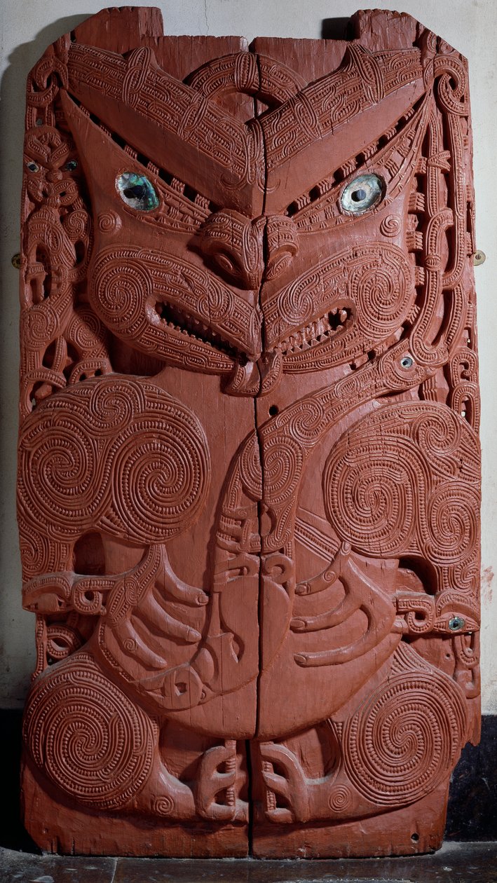 Panel dekoracyjny Maorysów z wyimaginowaną postacią antropomorficzną, cywilizacja Nowej Zelandii autorstwa Maori Maori
