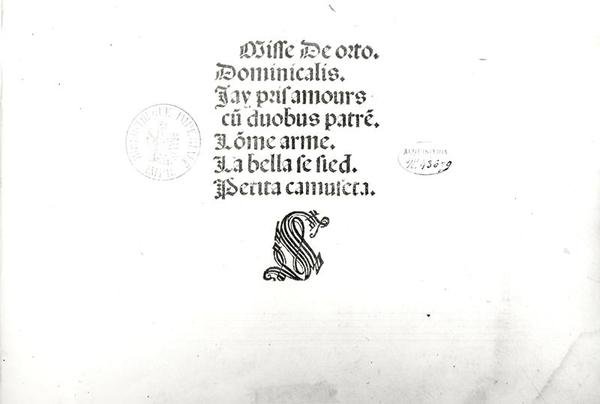Strona tytułowa z mszy publicznej odprawionej w Wenecji drukiem Ottaviano Petrucci (1466-1539) 1505 autorstwa Marbriano de Orto