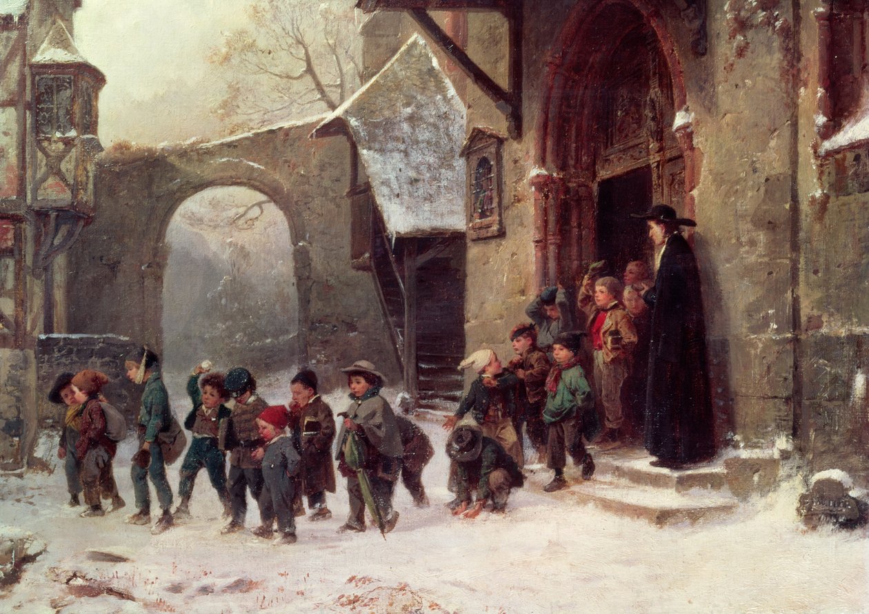 Scena śnieżna: dzieci opuszczające szkołę, ok. 1853 autorstwa Marc Louis Benjamin Vautier