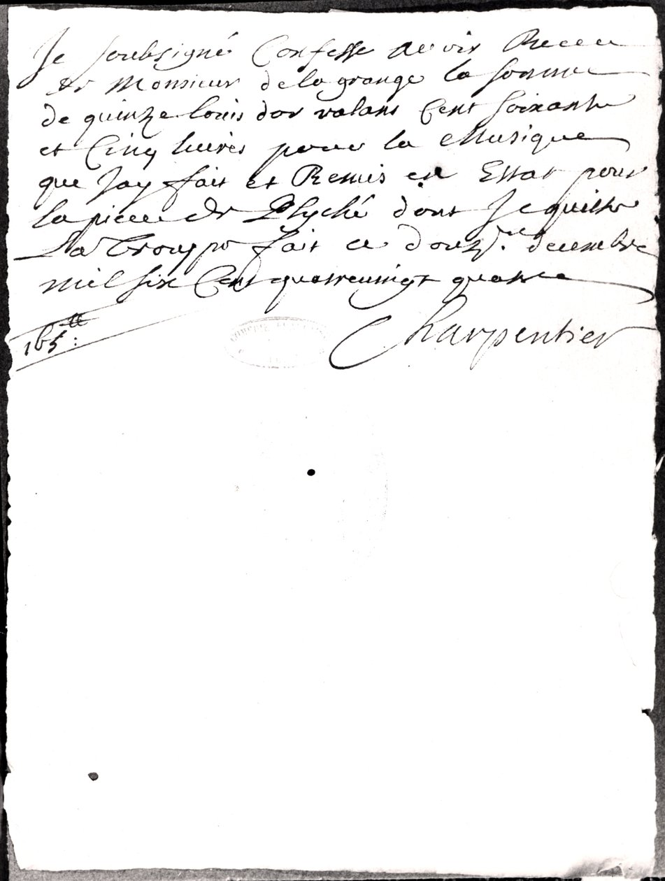 List w sprawie muzyki skomponowanej przez Charpentiera dla Psyche przez Moliera (1622-73) 1684 (fot. bw) autorstwa Marc Antoine Charpentier