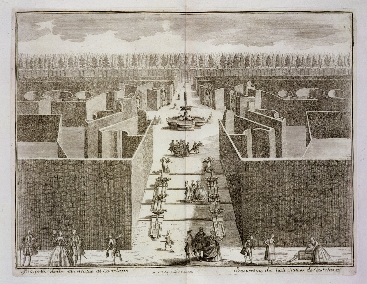 Widok ośmiu posągów Castellazzo w topiary labiryncie, z „Rozkoszy Villa Castellazzo” Domenico Felice Leonardi, wydanej w 1743 r. autorstwa Marc