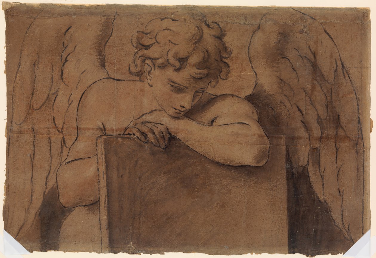 Fragment kreskówki dla dorastającego anioła opartego na tablecie lub zamkniętej księdze, ca. 1690-95. autorstwa Marc Antonio Franceschini