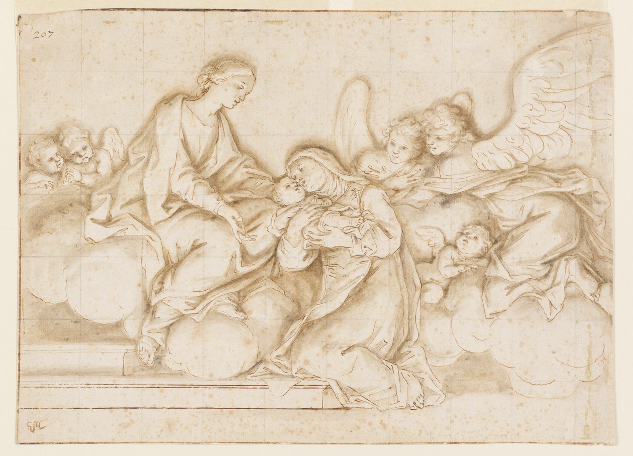 Projekt monochromatycznego malarstwa ściennego, kościół Corpus Domini, Bolonia, Włochy, Św. Caterina Vigri odbiera Dzieciątko od Dziewicy autorstwa Marc Antonio Franceschini