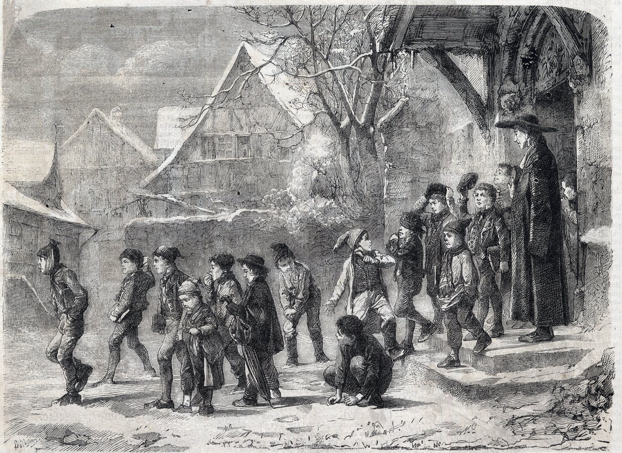 Zimą poza szkołą. Grawer wg obrazu M. B. Vautiera w „The Universe Illustrous” autorstwa Marc Louis Benjamin (after) Vautier