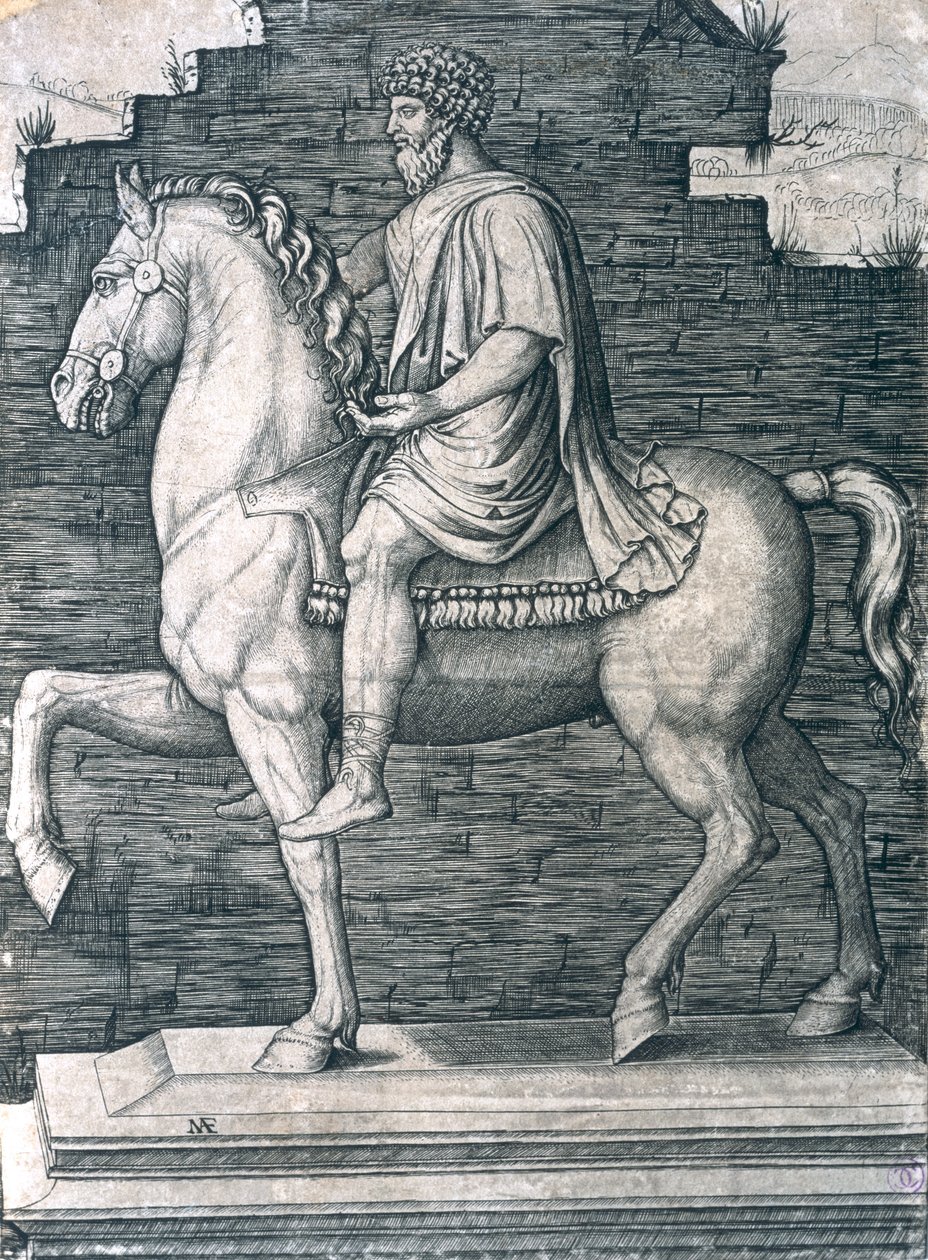 Posąg konny Marka Aureliusza (121-180 ne) autorstwa Marcantonio Raimondi