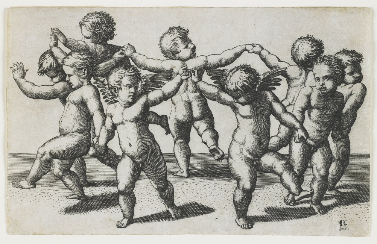 Dwa kupidynki prowadzące dzieci w tańcu, ok. 1517-1520 autorstwa Marcantonio Raimondi