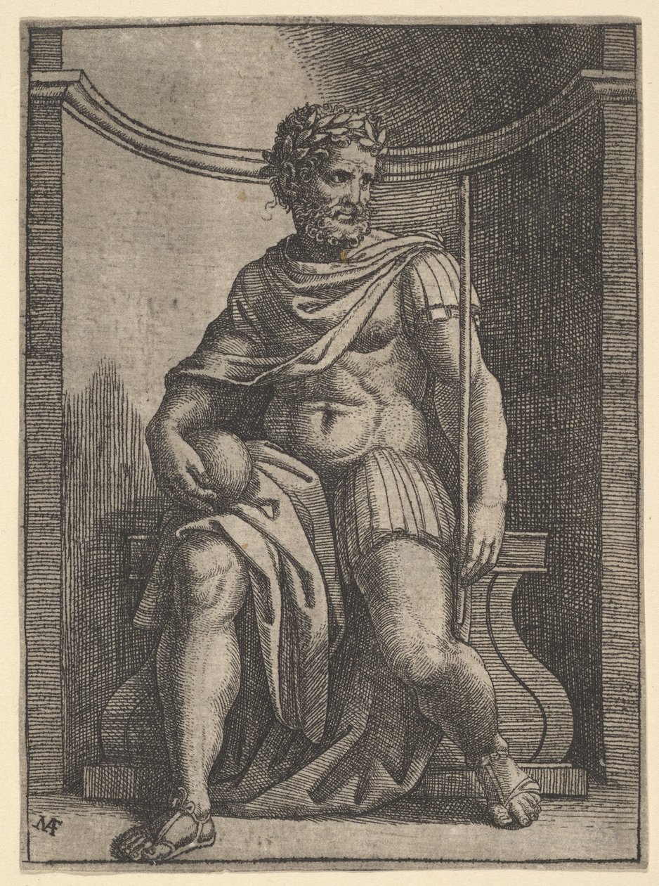 Cesarz rzymski siedzący w niszy trzymający kulę ziemską i berło i spoglądający na swoje..., ca. 1500-1534. autorstwa Marcantonio Raimondi