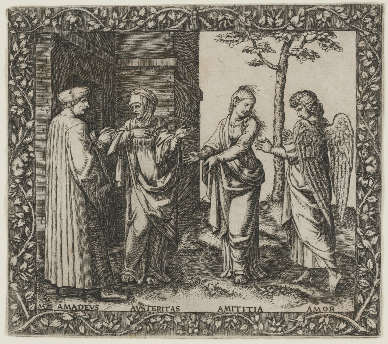 Amadeus Berruti z surowością, Amititia i miłością autorstwa Marcantonio Raimondi