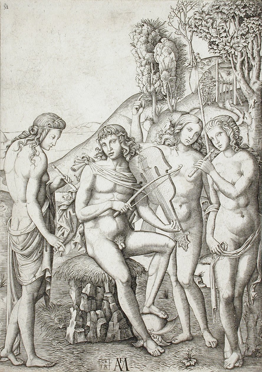 Apollo uczący muzyki Gracje autorstwa Marcantonio Raimondi