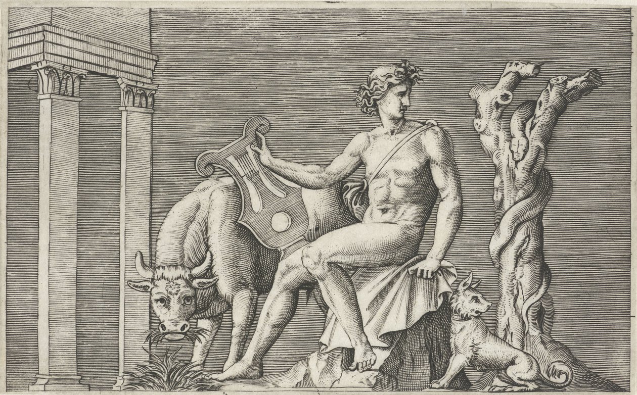 Apollo strzeże stada Admetusa Przedstawienia mitologiczne po starożytnych płaskorzeźbach (tytuł serii) autorstwa Marcantonio Raimondi