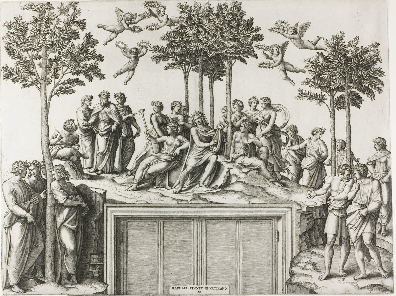 Apollo na Parnasie, w otoczeniu muz i poetów autorstwa Marcantonio Raimondi