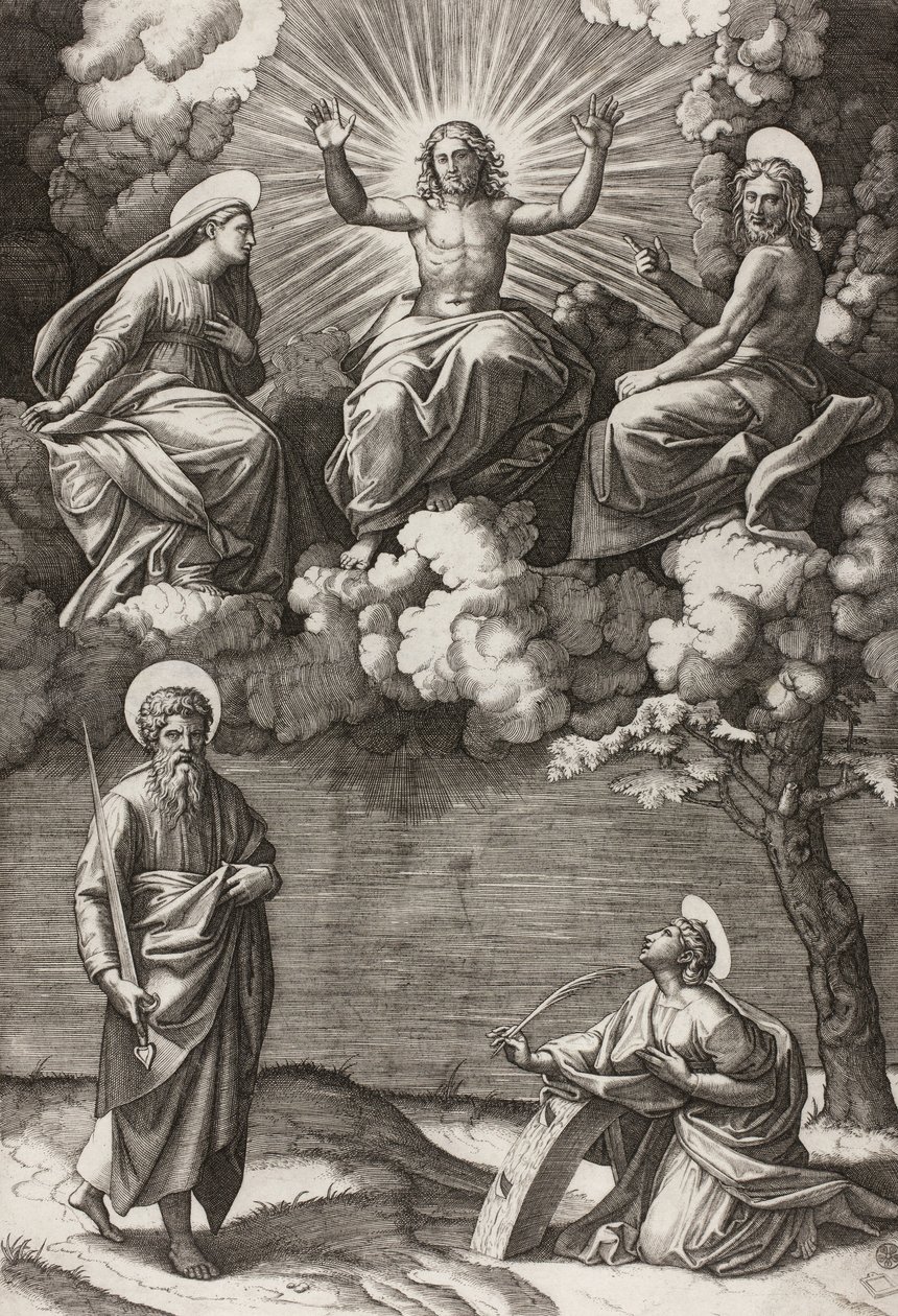 Chrystus Dziewica i św. Jan Chrzciciel ze św. Pawłem i Katarzyną, 1520-25 autorstwa Marcantonio Raimondi