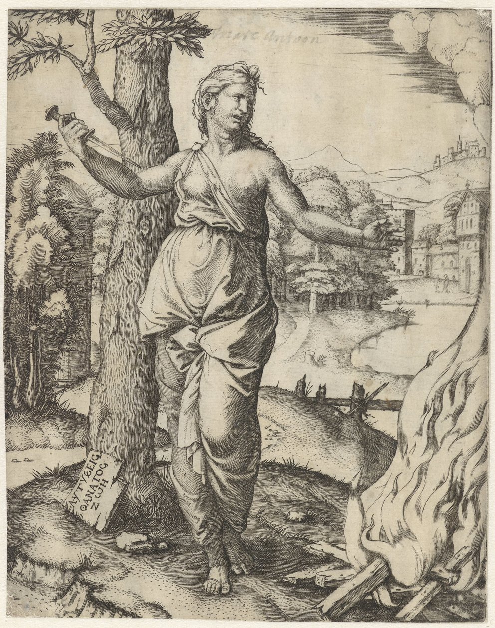 Dido zabija się sztyletem obok pyre autorstwa Marcantonio Raimondi