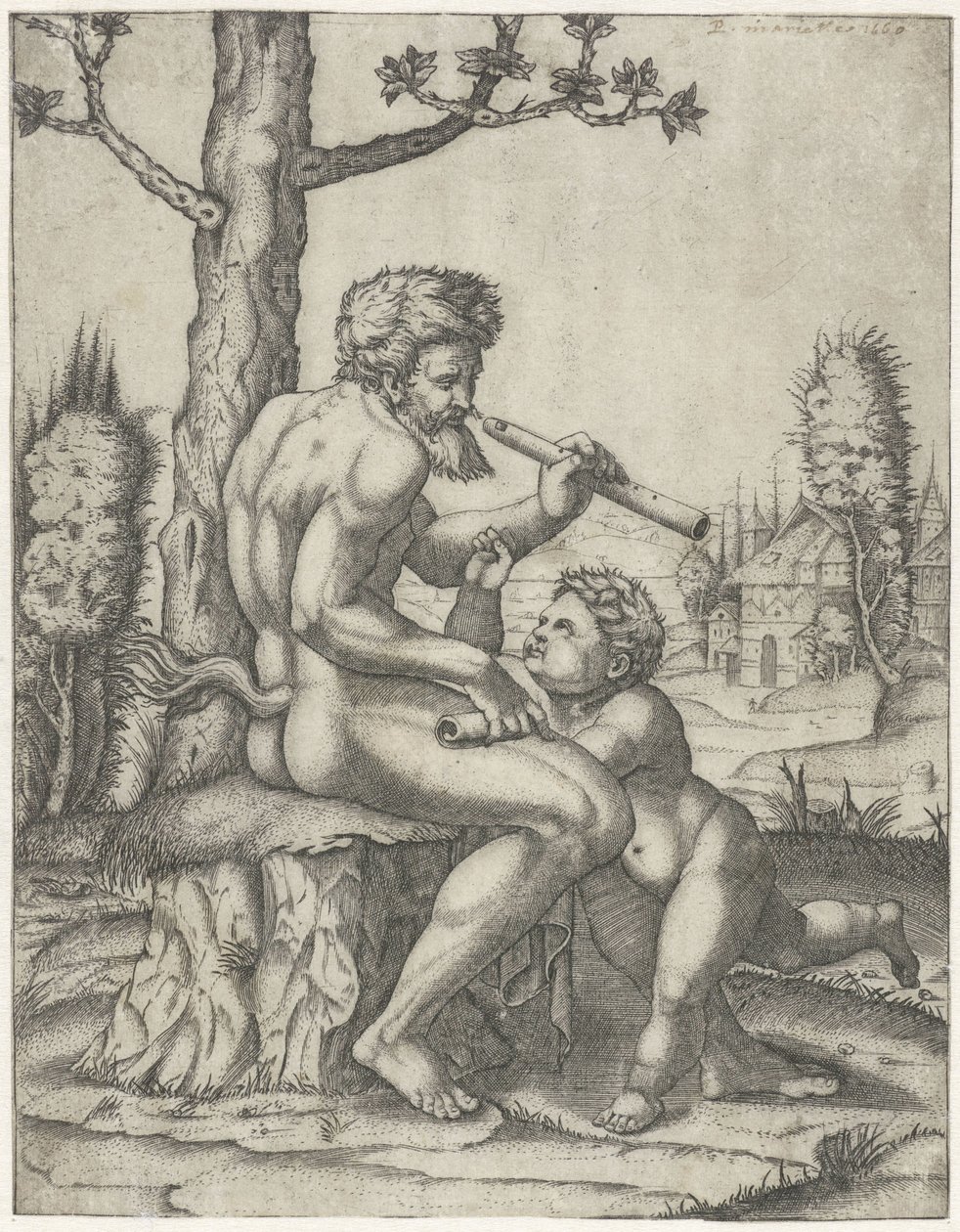 Faun z fletem bawi się z dzieckiem autorstwa Marcantonio Raimondi