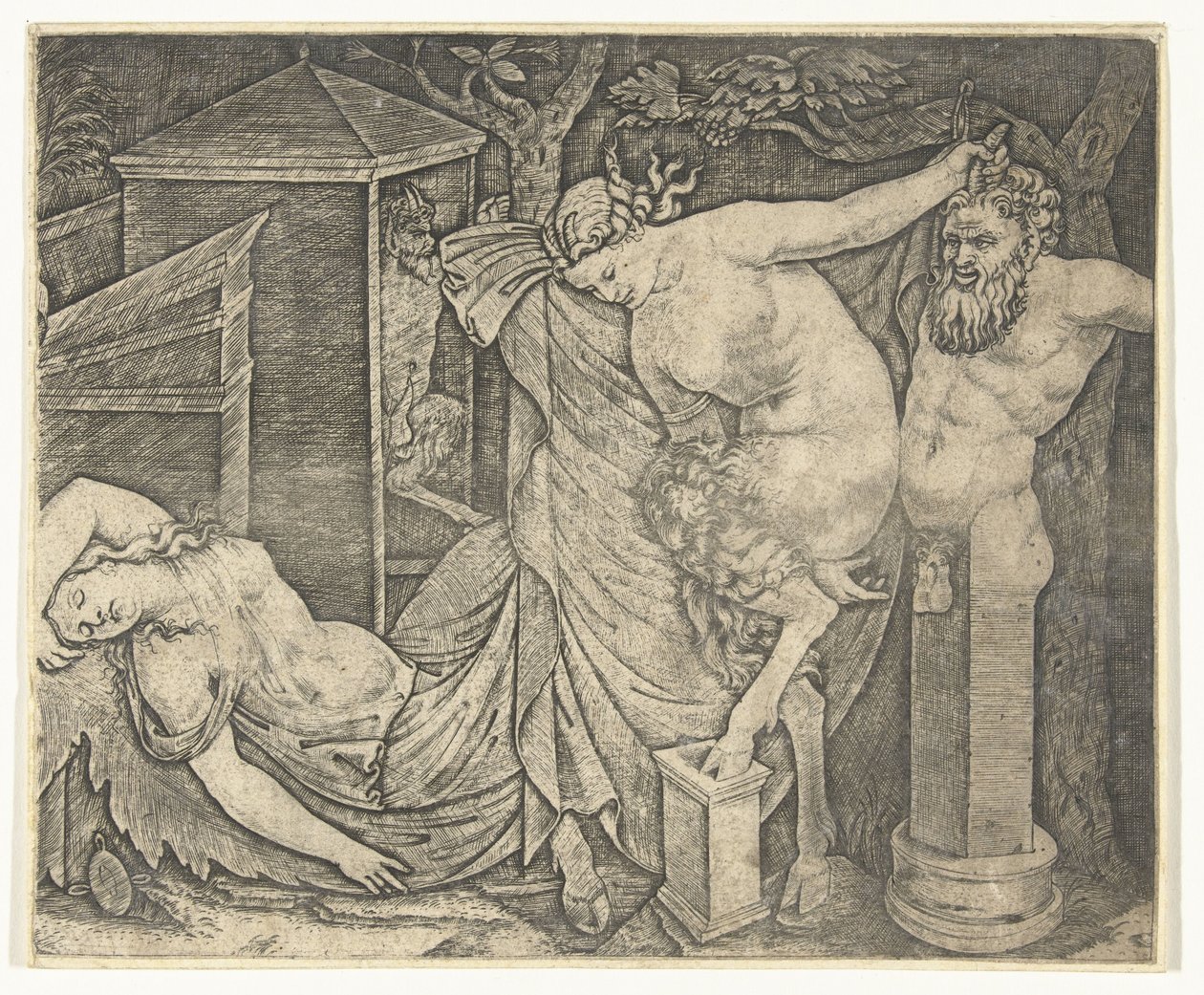 Fragment Bachanału z Satyrką i Hermą i śpiącą bachantką autorstwa Marcantonio Raimondi