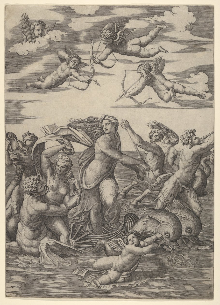 Galatea stojąca w wodnym rydwanie ciągniętym przez dwa delfiny, otoczona trytonami, nere..., 1515-16. autorstwa Marcantonio Raimondi