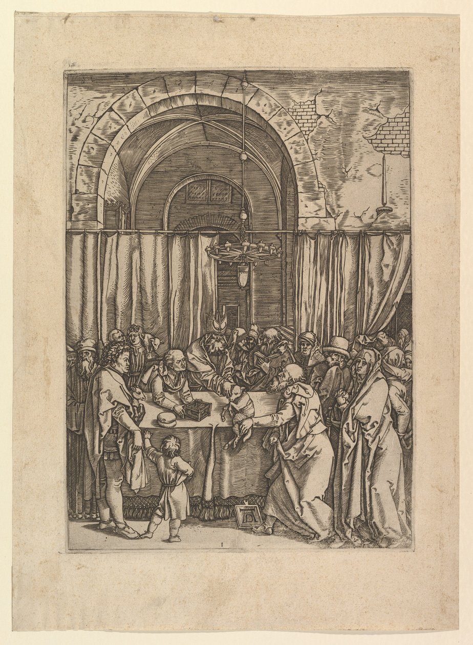 Arcykapłan odmawiający baranka ofiarnego od Joachima, wg Dürera, ca. 1500-1534. autorstwa Marcantonio Raimondi