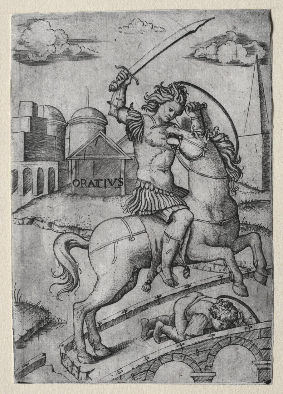 Horatius Cocles broniący mostu Sublician. autorstwa Marcantonio Raimondi