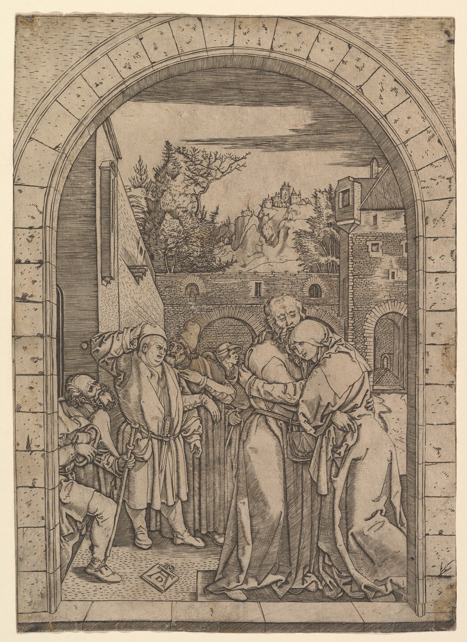 Joachim w objęciach św. Anny pod złotą bramą w Jerozolimie, za Dürerem, ca. 1500-1534. autorstwa Marcantonio Raimondi