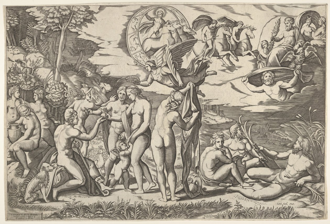 Osąd Paryża: Paris wyciąga rękę w kierunku Wenus, która stoi między Junoną a... ok. godz. 1520-50. autorstwa Marcantonio Raimondi