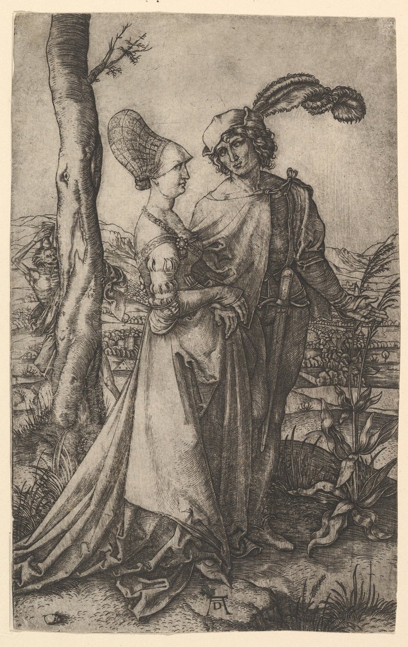 Pan i pani idący z postacią śmierci chowającą się za drzewem, trzymający klepsydrę..., ca. 1500-1534. autorstwa Marcantonio Raimondi