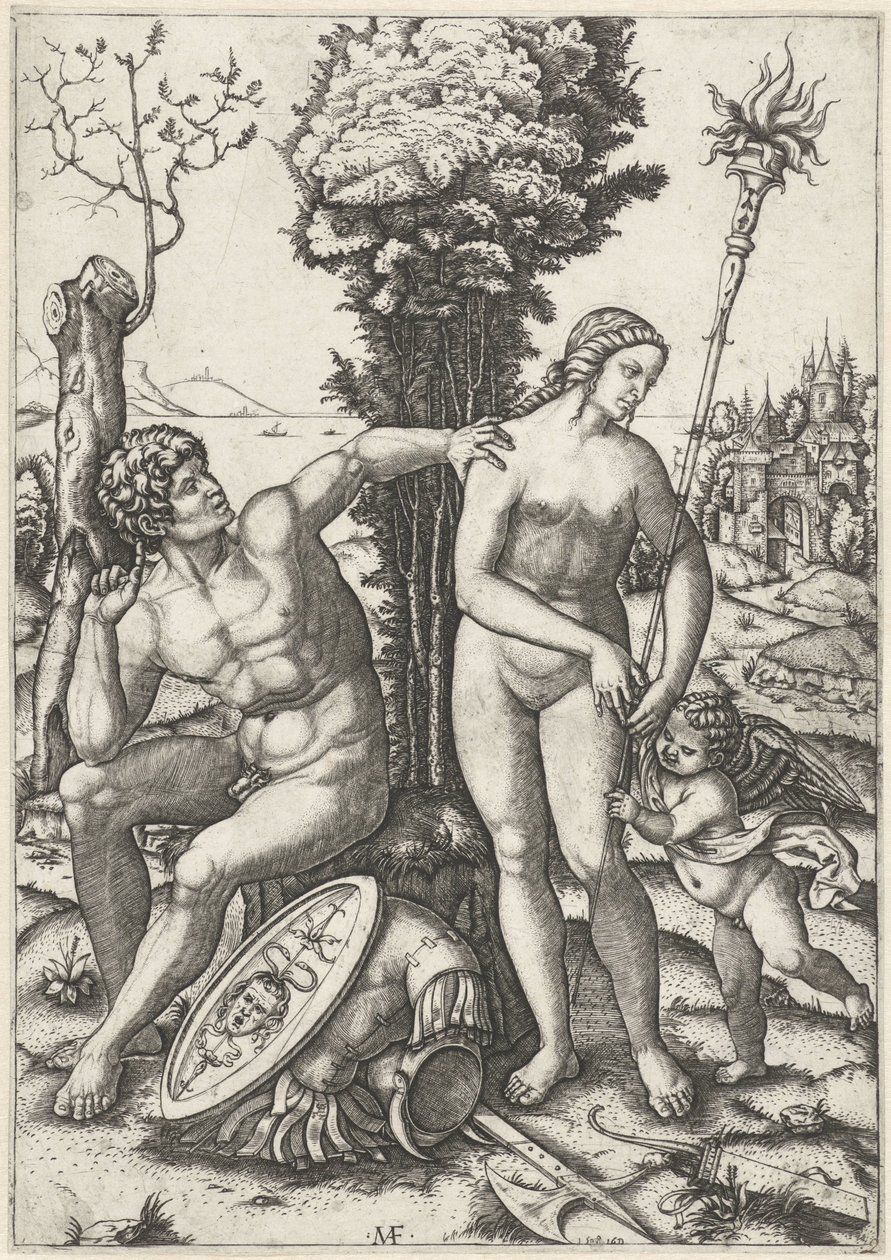 Mars i Wenus jako kochająca para z Amor autorstwa Marcantonio Raimondi