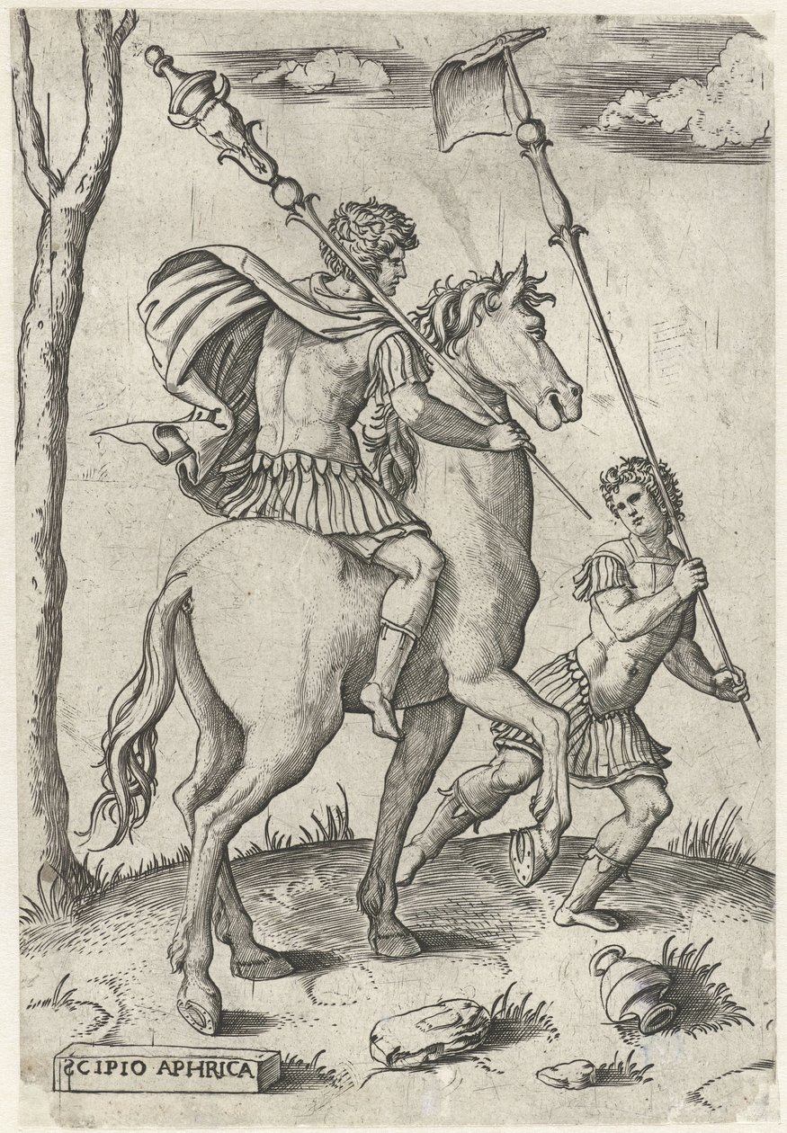 Rzymscy generałowie Scipio Africanus Maior na koniach i Scipio Africanus Minor Bohaterowie rzymscy na koniach (tytuł serii) autorstwa Marcantonio Raimondi