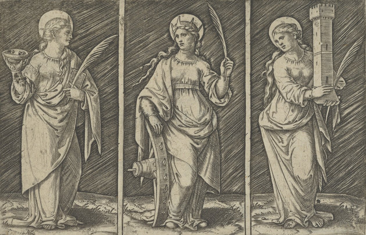 Św. Barbara po lewej, Św. Katarzyna, w środku, Św. Łucja po prawej, ca. 1500-1527., ca. 1500-1527. autorstwa Marcantonio Raimondi
