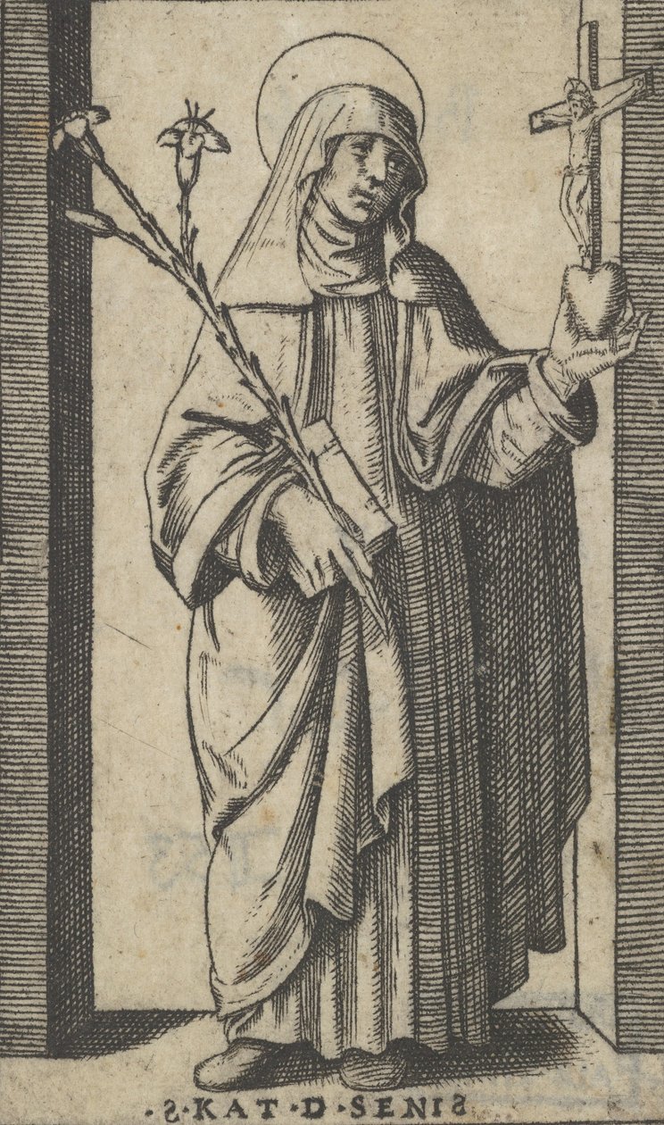Święta Katarzyna Sieneńska stojąca z kwiatami i księgą w prawej ręce, h..., ca. 1500-1527. autorstwa Marcantonio Raimondi