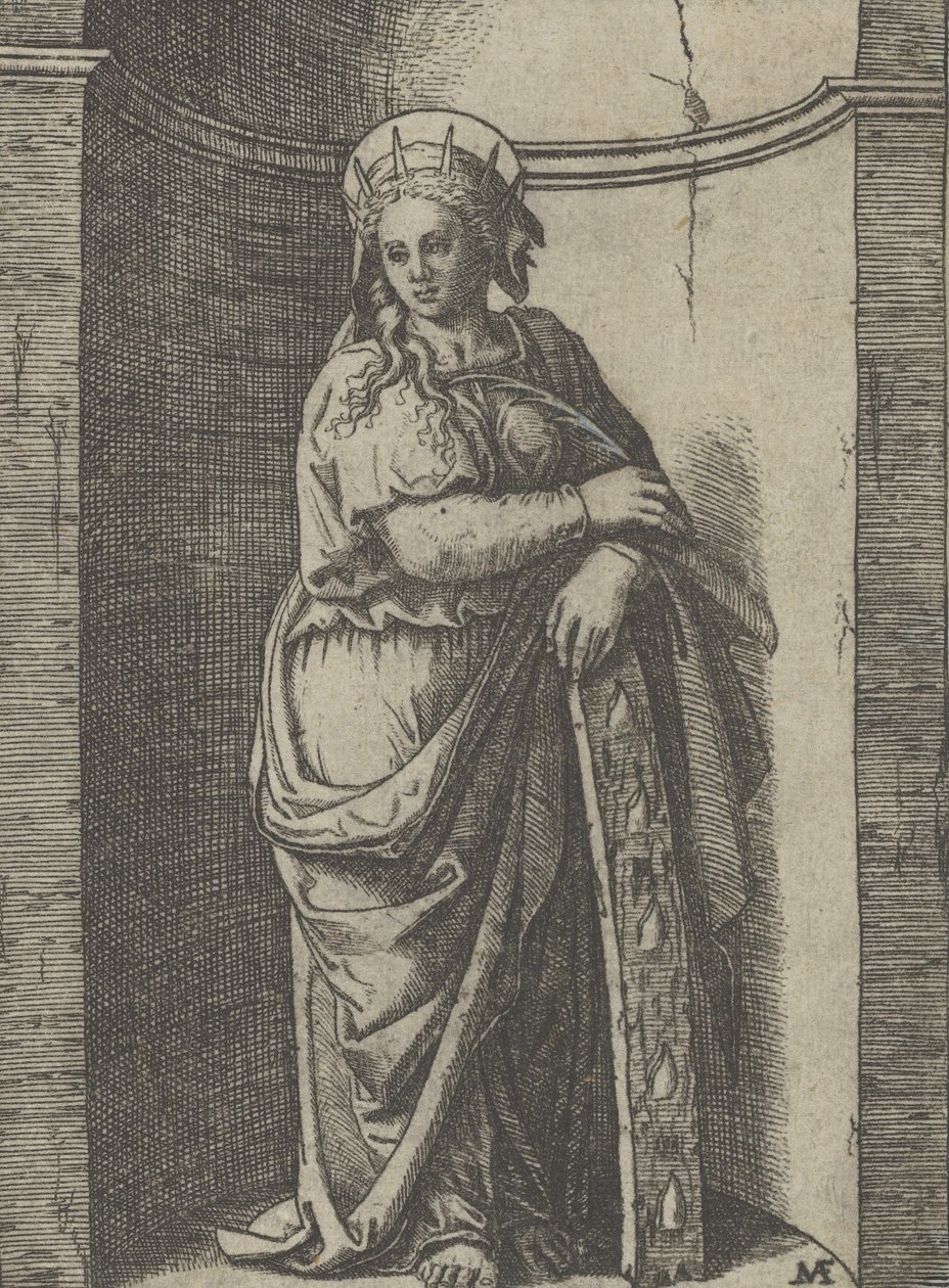 Święta Katarzyna stojąca w niszy, wsparta na kole, jej narzędziu tortur..., ok. godz. 1500-1527. autorstwa Marcantonio Raimondi