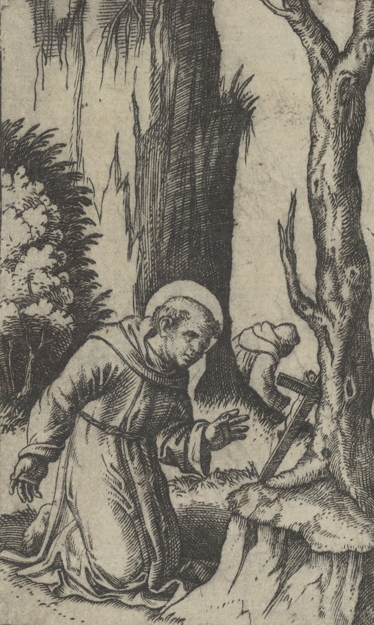 Św. Franciszek z Asyżu modlący się przed krucyfiksem, z cyklu „Piccoli Santi..., ca. 1500-1527. autorstwa Marcantonio Raimondi