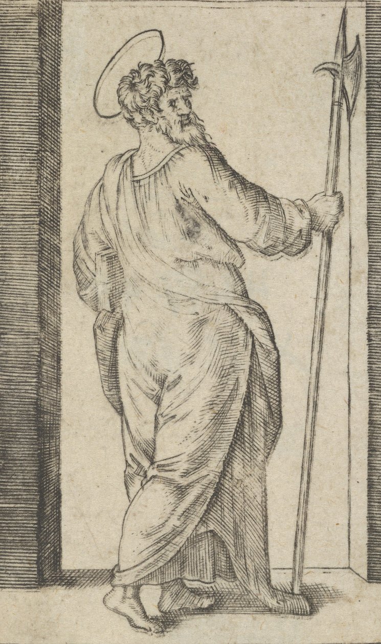 Święty Juda, trzymający w prawej ręce halabardę, z cyklu „Piccoli Santi”…, ca. 1500-1527. autorstwa Marcantonio Raimondi