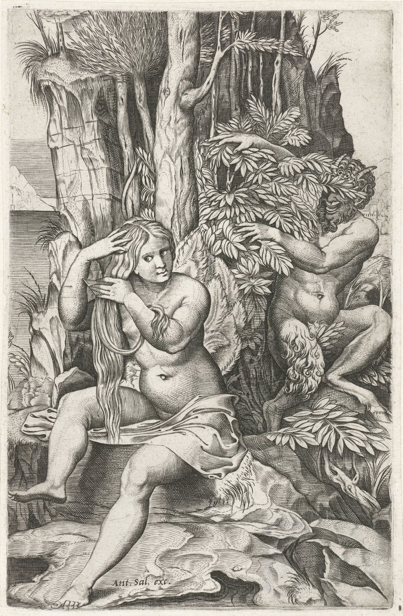 Satyr podgląda nimfę w toalecie Patelnia i Syrinx autorstwa Marcantonio Raimondi
