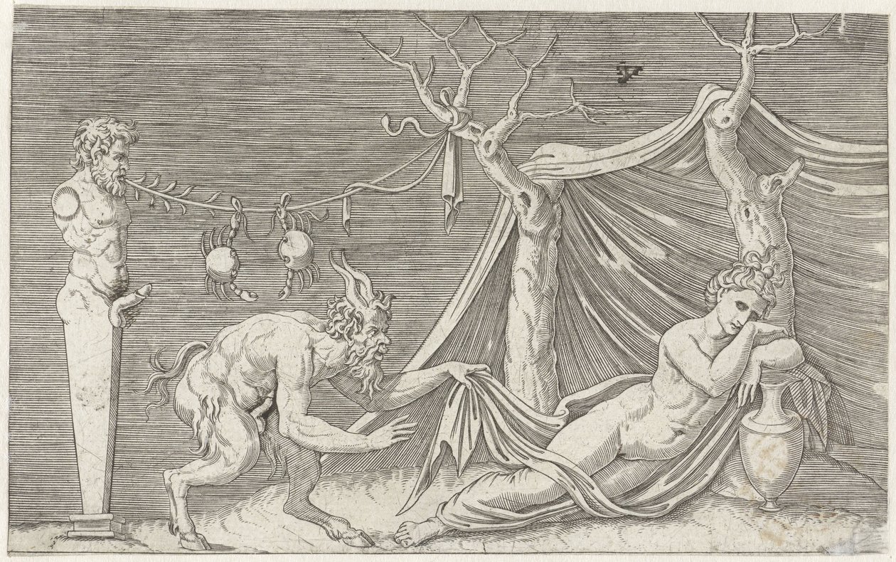 Satyr śledzi śpiącą nimfę Przedstawienia mitologiczne po starożytnych płaskorzeźbach (tytuł serii) autorstwa Marcantonio Raimondi