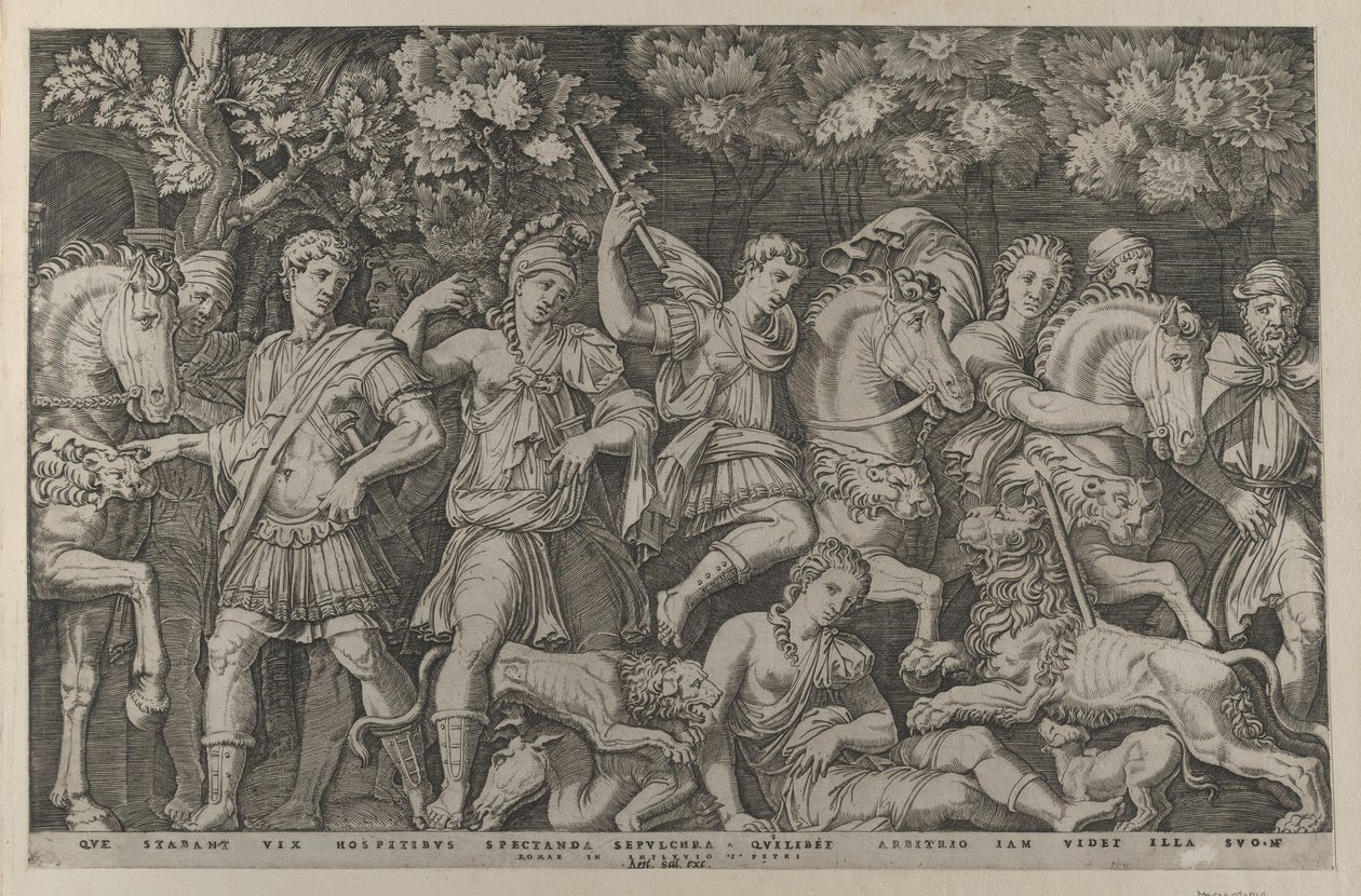 Zwierciadło rzymskiej świetności: Polowanie na lwa, ca. 1500-1534., ca. 1500-1534. autorstwa Marcantonio Raimondi