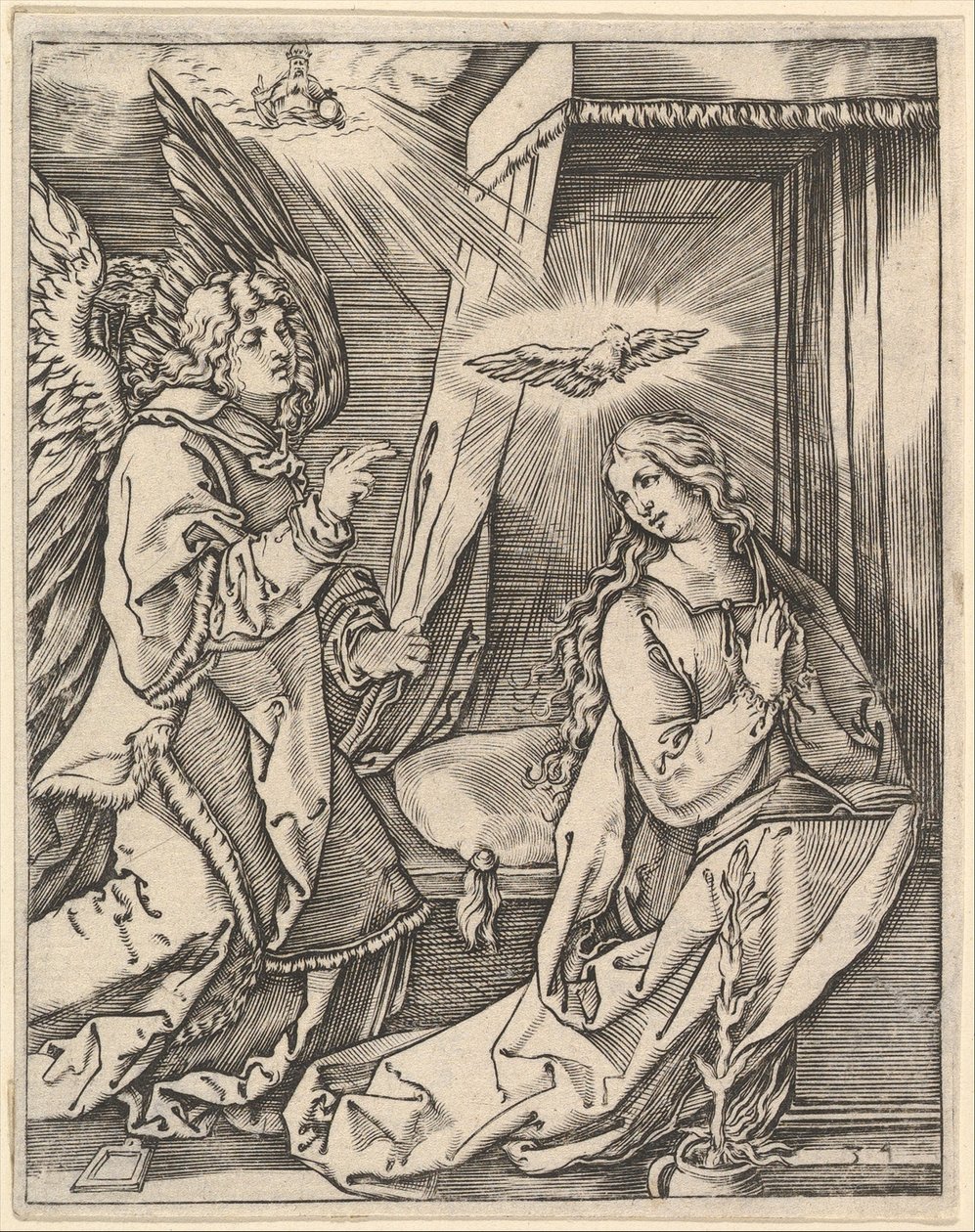 Zwiastowanie, po lewej archanioł Gabriel zbliża się do modlącej się Dziewicy..., ok. godz. 1500-1534. autorstwa Marcantonio Raimondi