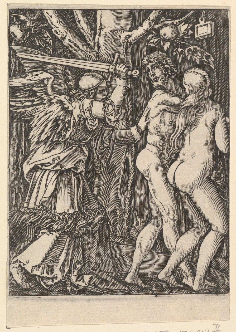 Wypędzenie z raju, według Dürera, ca. 1500-1534. autorstwa Marcantonio Raimondi