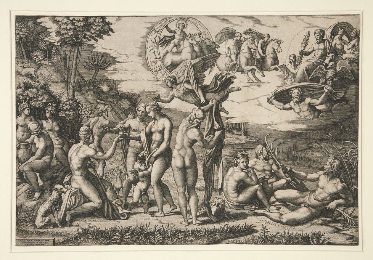 Sąd w Paryżu, wg Rafaela, ok. 1510-20 autorstwa Marcantonio Raimondi