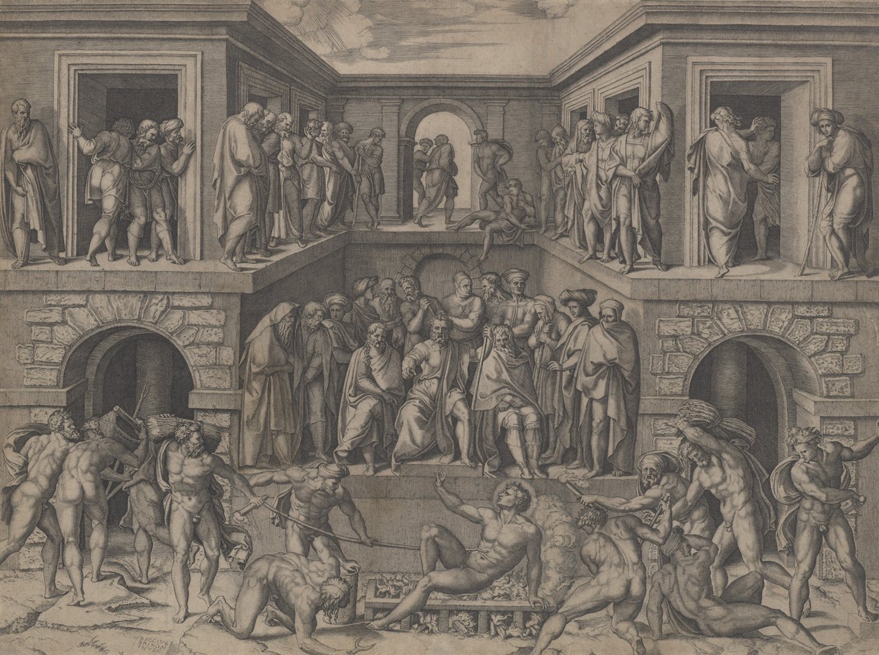 Męczeństwo św. Wawrzyńca, według Bandinelli, ca. 1520. autorstwa Marcantonio Raimondi