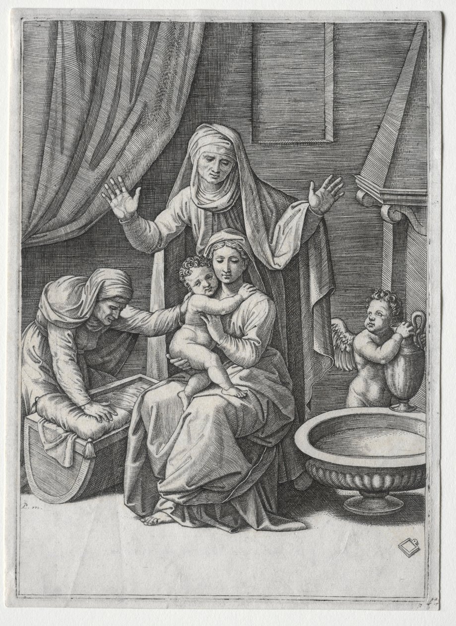 Dziewica i kołyska ze św. Elżbietą i św. Anną, 1520. autorstwa Marcantonio Raimondi
