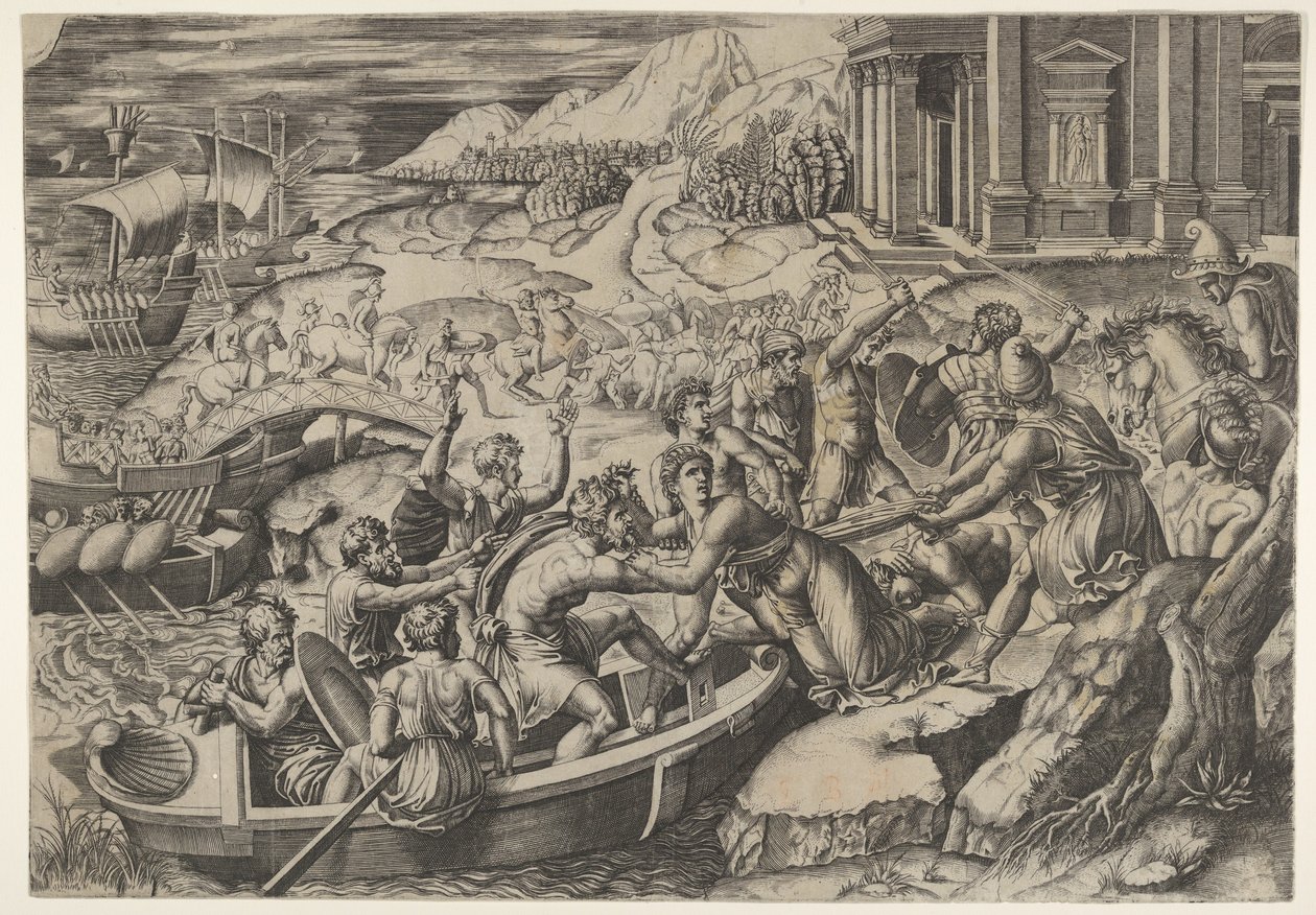 Porwanie Heleny, scena bitwy na brzegu z dwoma mężczyznami wciągającymi Helenę w b..., ca. 1520-27. autorstwa Marcantonio Raimondi