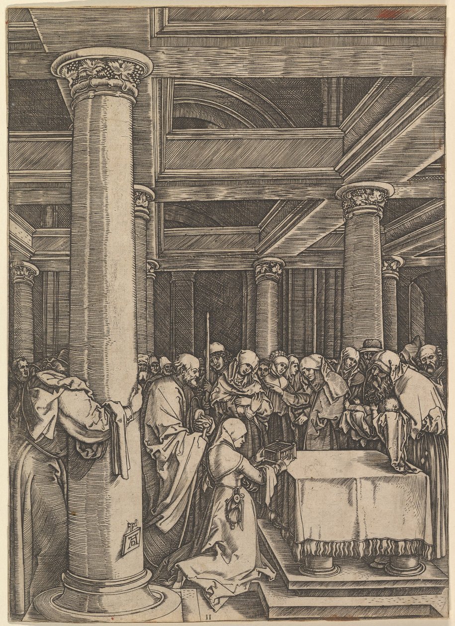 Ofiarowanie Jezusa Symeonowi w świątyni, za Dürerem, ca. 1500-1534. autorstwa Marcantonio Raimondi