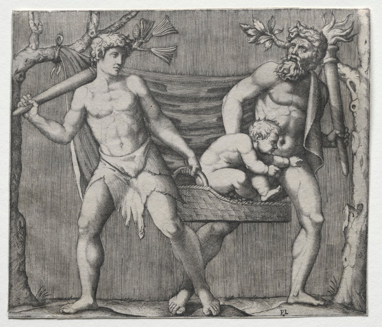 Dwa fauny niosące dziecko w koszyku, c. 1513-1515. autorstwa Marcantonio Raimondi